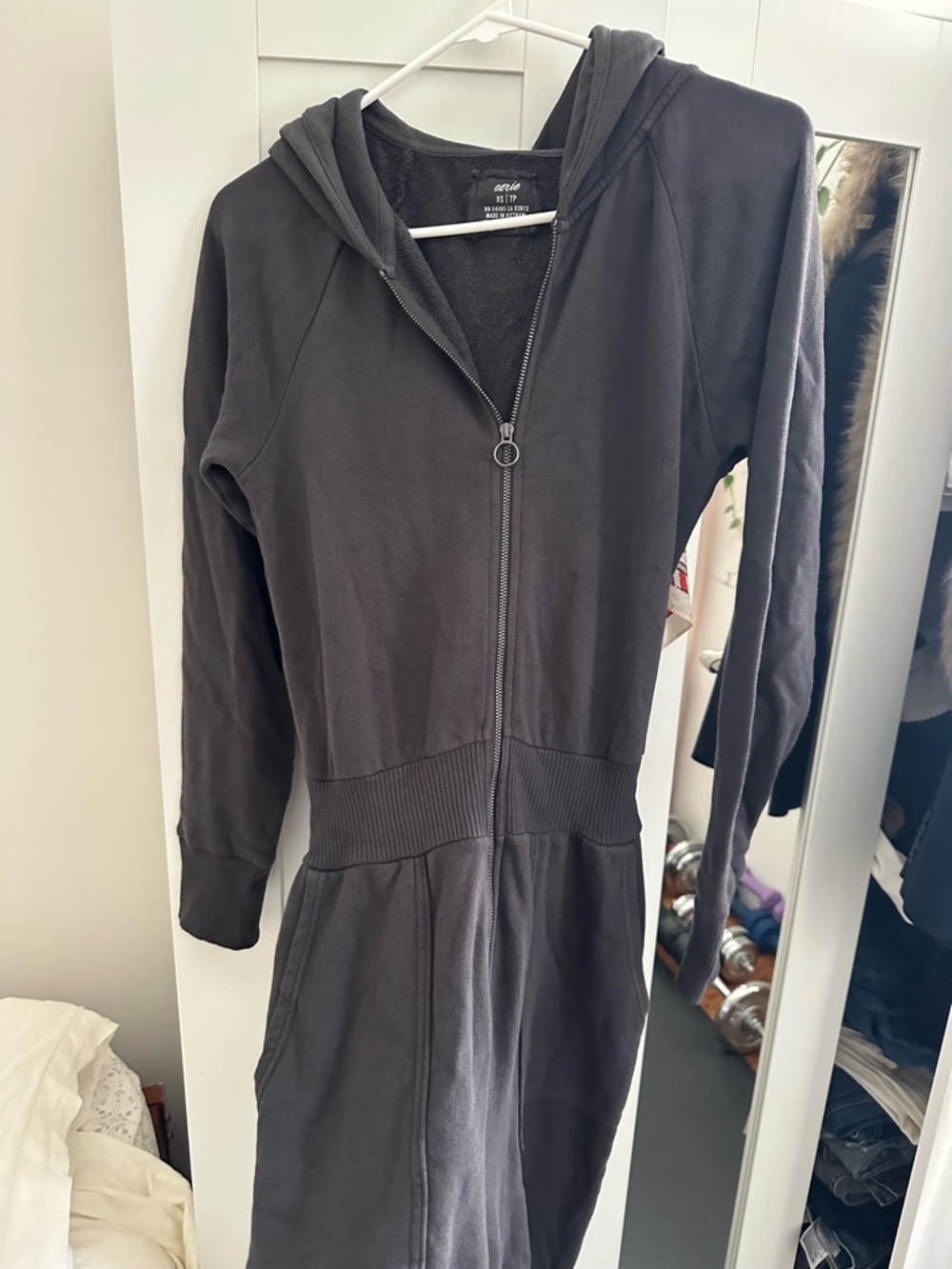 aerie Dark Gray Hooded Zip-Up Sweat Jumpsuit